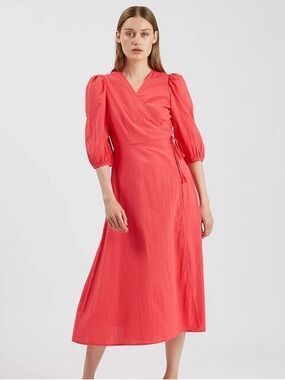 Minimum Cotton Elmina Wrap Midi Dress with Puff Sleeves - Paradise Pink